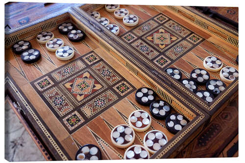 Leinwandbild Handgeschnitztes Backgammon-Set mit Intarsien, Fes, Marokko