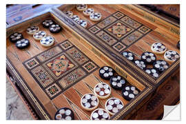 Vinilo para la pared Hand carved backgammon set with inlay, Fes, Morocco