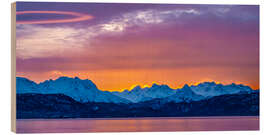 Wood print Sunrise on mountains and Chilkat River, Alaska