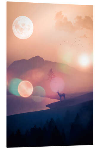 Acrylic print Silhouette deer landscape and the moon