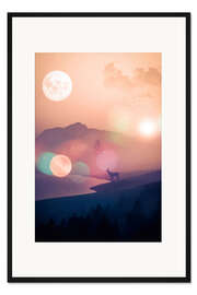 Gerahmter Kunstdruck Silhouette Hirsch Landschaft und der Mond