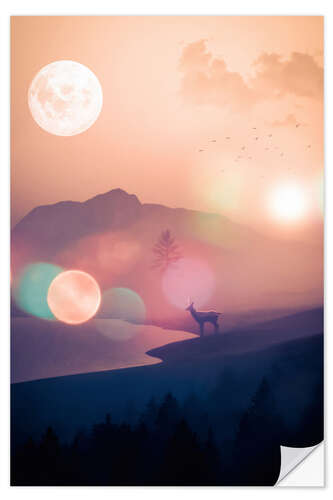 Selvklebende plakat Silhouette deer landscape and the moon