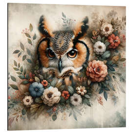 Aluminium print Floral Whimsy: Owl's Quiet Gaze