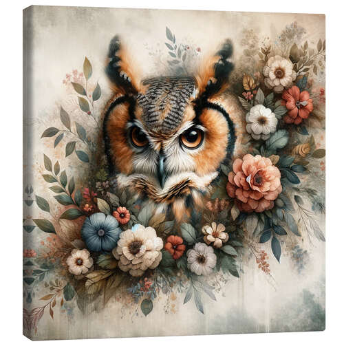 Lærredsbillede Floral Whimsy: Owl's Quiet Gaze