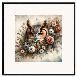 Stampa artistica con cornice Floral Whimsy: Owl's Quiet Gaze