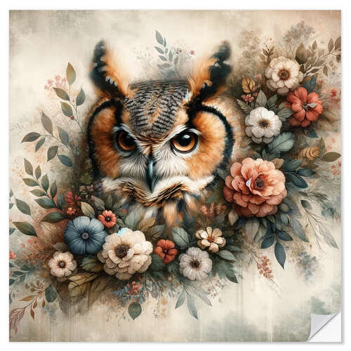 Vinilo para la pared Floral Whimsy: Owl's Quiet Gaze