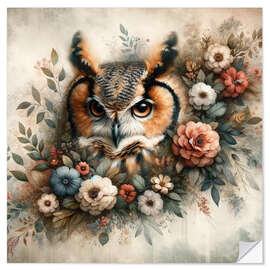 Autocolante decorativo Floral Whimsy: Owl's Quiet Gaze