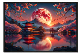 Gerahmter Kunstdruck Purpurner Mond über stillen Gewässern