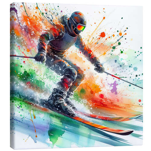 Quadro em tela Watercolor Skier Descending at Full Speed