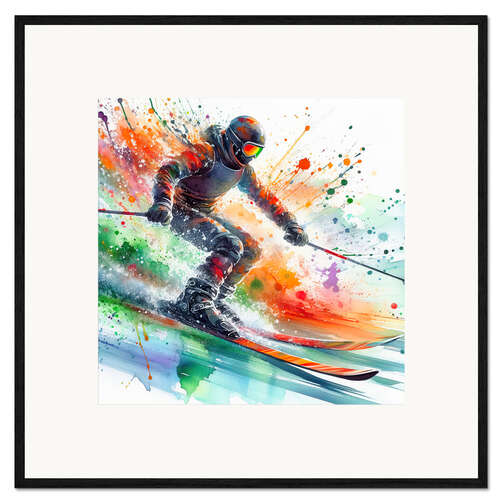 Gerahmter Kunstdruck Aquarell-Skifahrer, der mit voller Geschwindigkeit abfährt