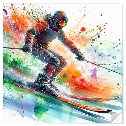 Sticker mural Watercolor Skier Descending at Full Speed