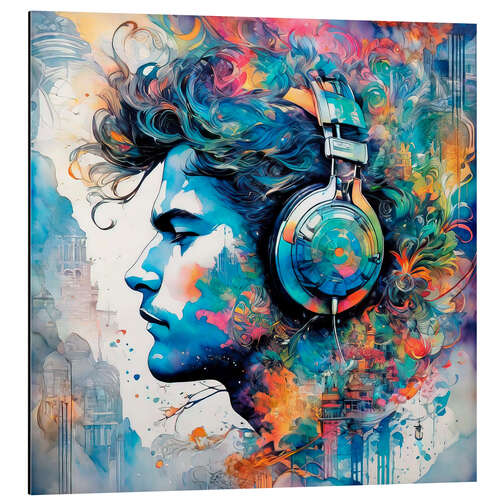 Tableau en aluminium Young Man with Headphones