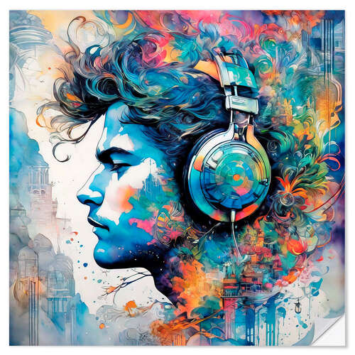 Selvklebende plakat Young Man with Headphones