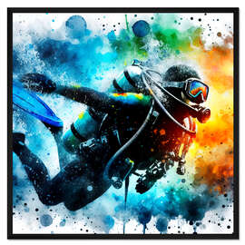 Gerahmter Kunstdruck Taucher mit Taucheranzug in Aquarell