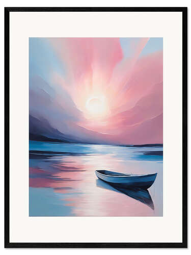 Ingelijste kunstdruk Boat on a Lake at Sunset