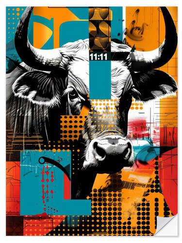 Muursticker Retro poster with cow