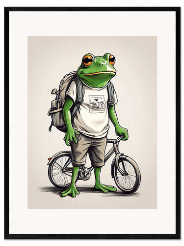 Ingelijste kunstdruk Frog on a bike tour