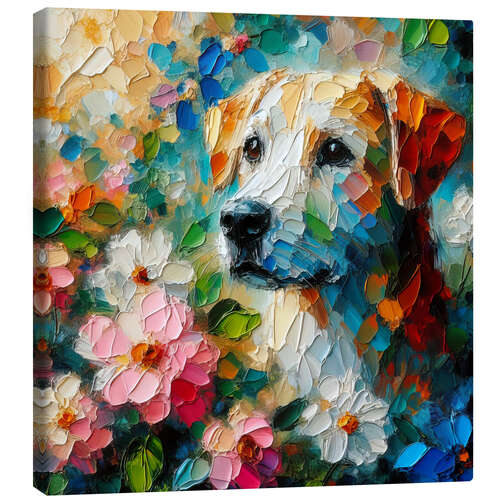 Lerretsbilde Dog in flower bushes