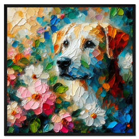 Gerahmter Kunstdruck Hund in Blumensträuchern