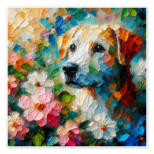 Poster Dog in flower bushes