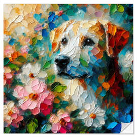 Wandsticker Hund in Blumensträuchern