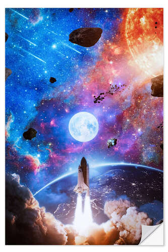 Selvklebende plakat Rocket Mission to Moon and Universe Exploration