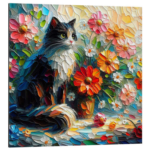 Tableau en aluminium A cat with a flower vase