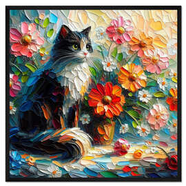Gerahmter Kunstdruck Eine Katze mit Blumenvase