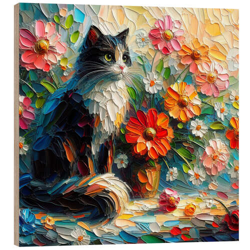 Wood print A cat with a flower vase