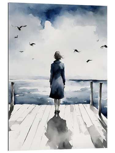 Galleritryk Woman on jetty looking out to sea