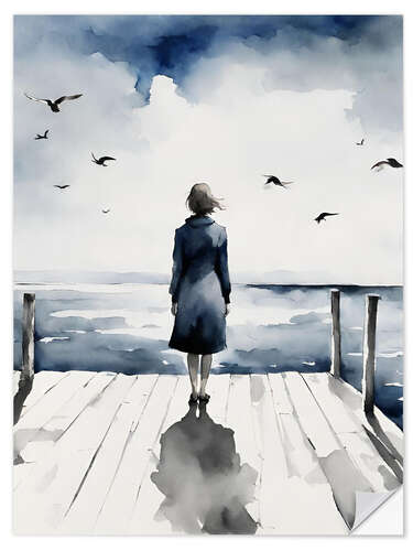 Wall sticker Woman on jetty looking out to sea