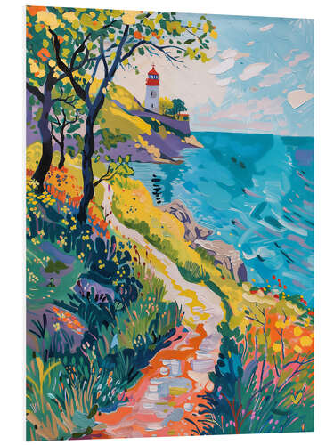 Foam board print Coastal path to the lighthouse in spring