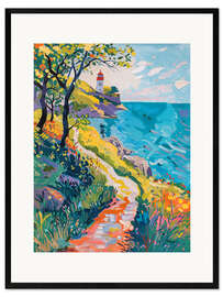 Kunsttryk i ramme Coastal path to the lighthouse in spring