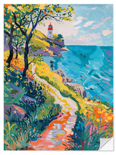 Selvklebende plakat Coastal path to the lighthouse in spring