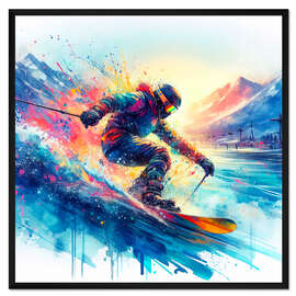Gerahmter Kunstdruck Skifahrer auf buntem Berg I