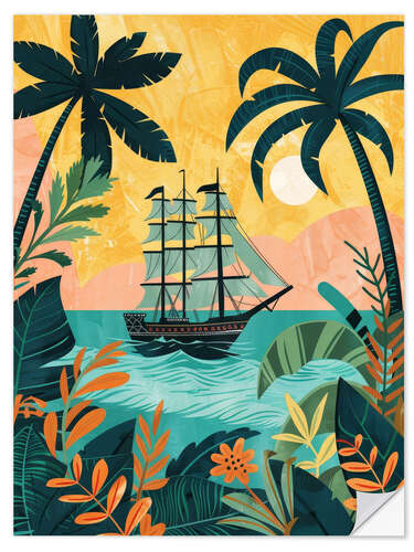 Selvklebende plakat Tropical view with galleon