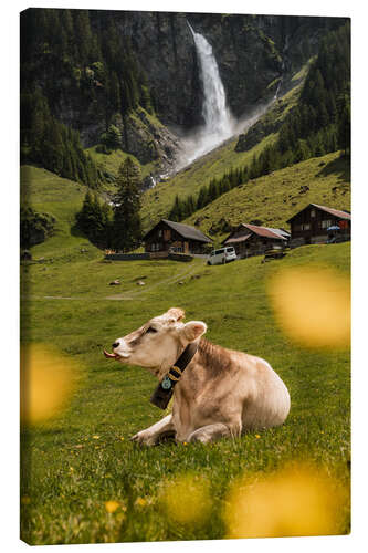 Leinwandbild Schweizer Kuh auf Alm vor Wasserfall