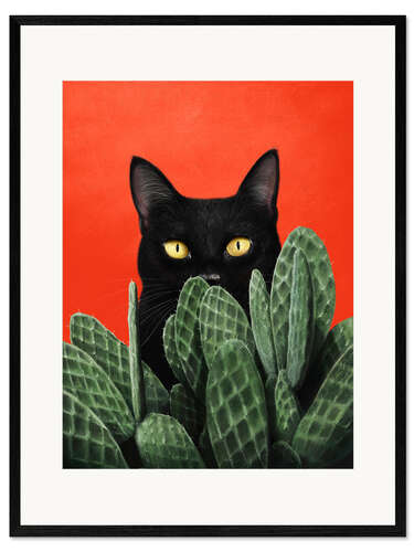 Kunsttryk i ramme Black cat in cactuses