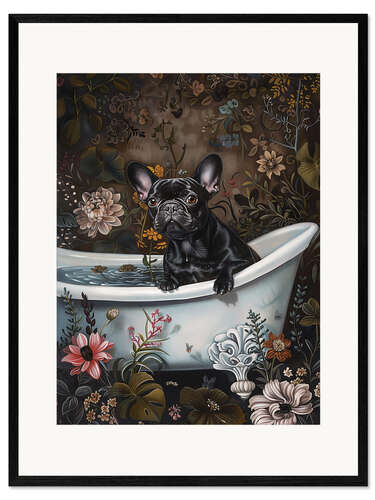 Framed art print French Bulldog in bathtub