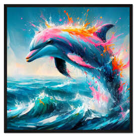 Gerahmter Kunstdruck Delfin im bunten Wasser