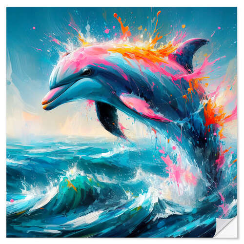 Selvklebende plakat Dolphin in colourful water