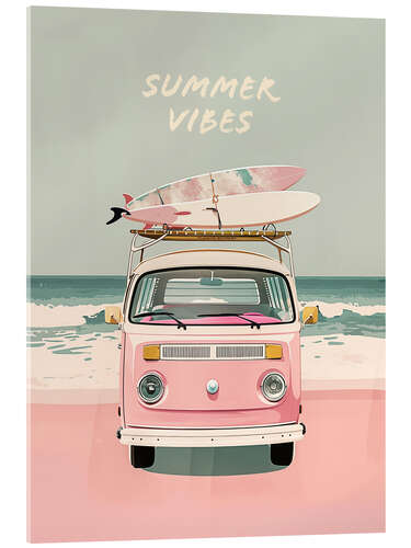 Acrylic print Summer Vibes - Pink Camper Van mit Surfbrettern