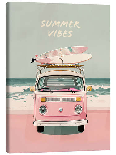 Quadro em tela Summer Vibes - Pink Camper Van mit Surfbrettern