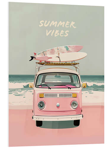 Foam board print Summer Vibes - Pink Camper Van mit Surfbrettern