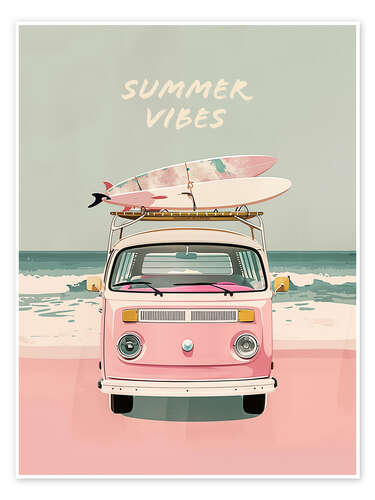 Juliste Summer Vibes - Pink Camper Van mit Surfbrettern