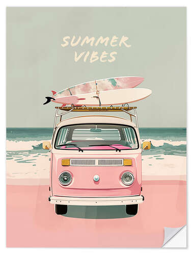 Wall sticker Summer Vibes - Pink Camper Van mit Surfbrettern