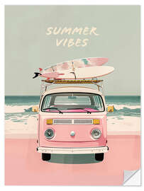 Wandsticker Summer Vibes - Pink Camper Van mit Surfbrettern