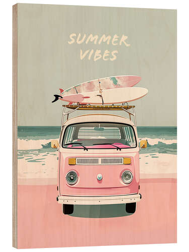 Wood print Summer Vibes - Pink Camper Van mit Surfbrettern