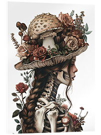 Acrylic print Skeleton woman in hat with mushrooms