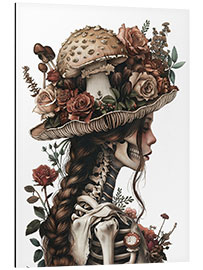 Tableau en aluminium Skeleton woman in hat with mushrooms